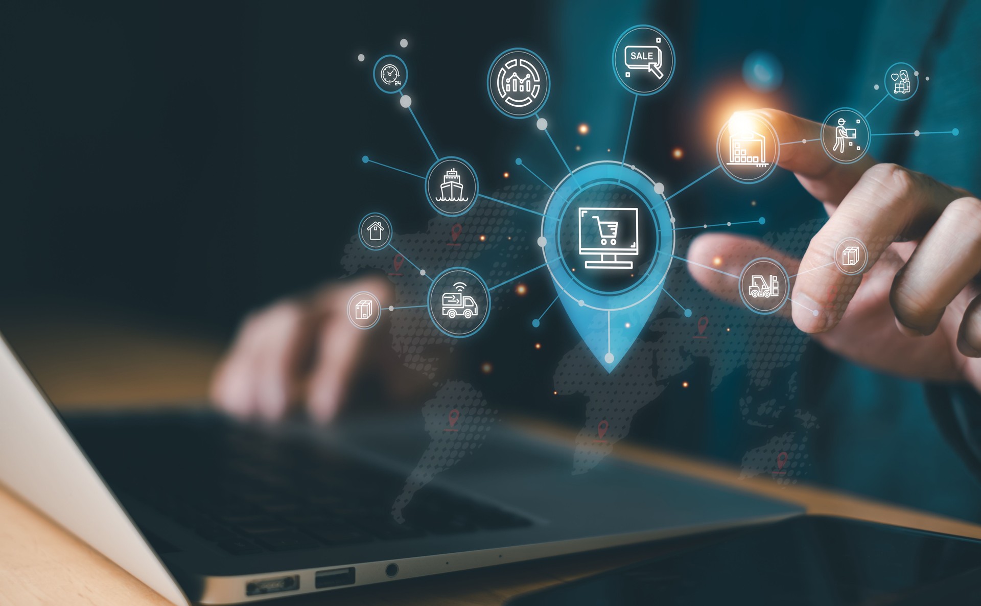 Business person point and manage online e-commerce business logistic supply chain in digital online dashboard. Global worldwide logistic management for online shopping with warehouse inventory