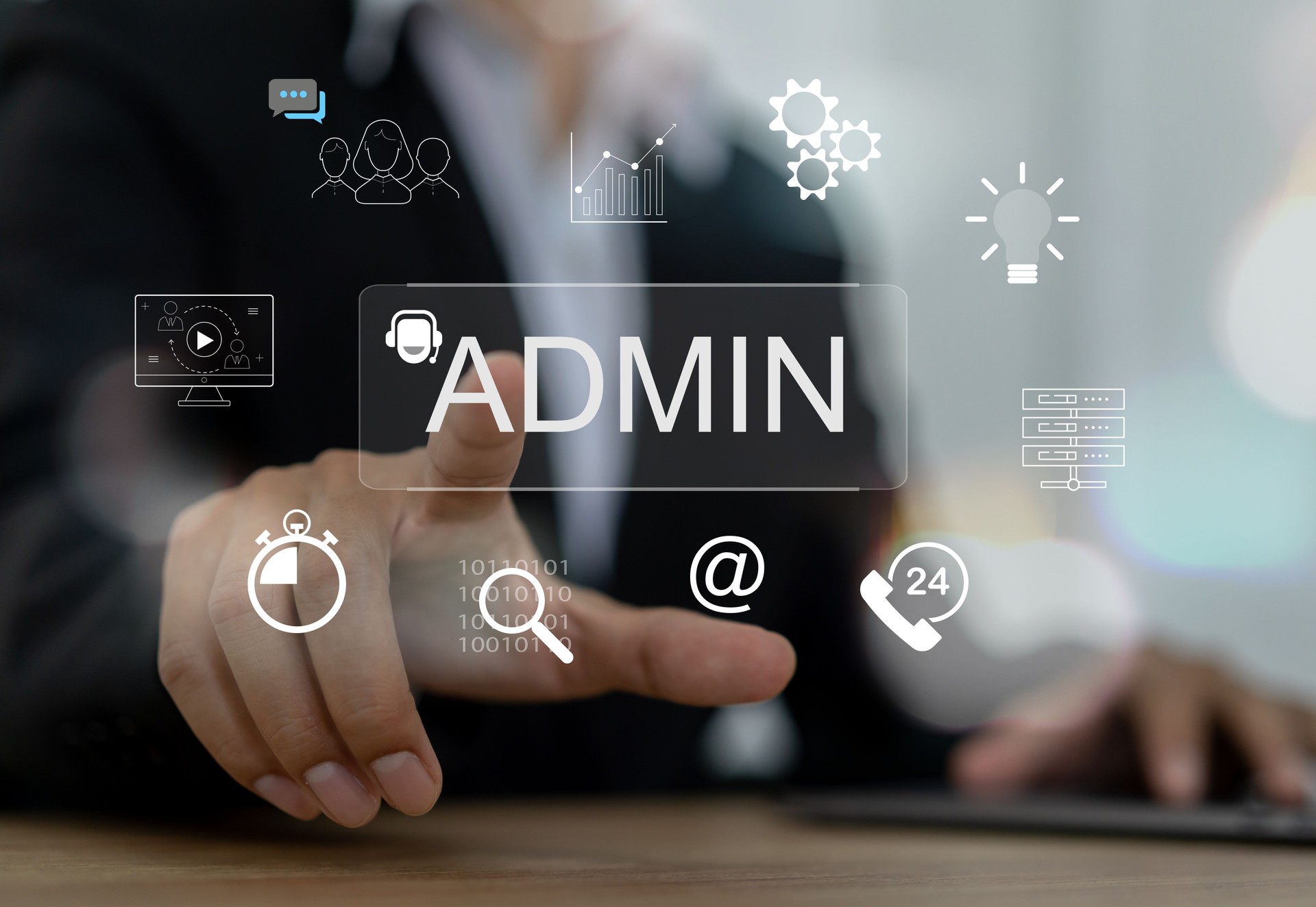 Businessman with Technology digital interface with the word ADMIN, administration, communication, customer support and data management, marketing, IT management, office tasks and support services